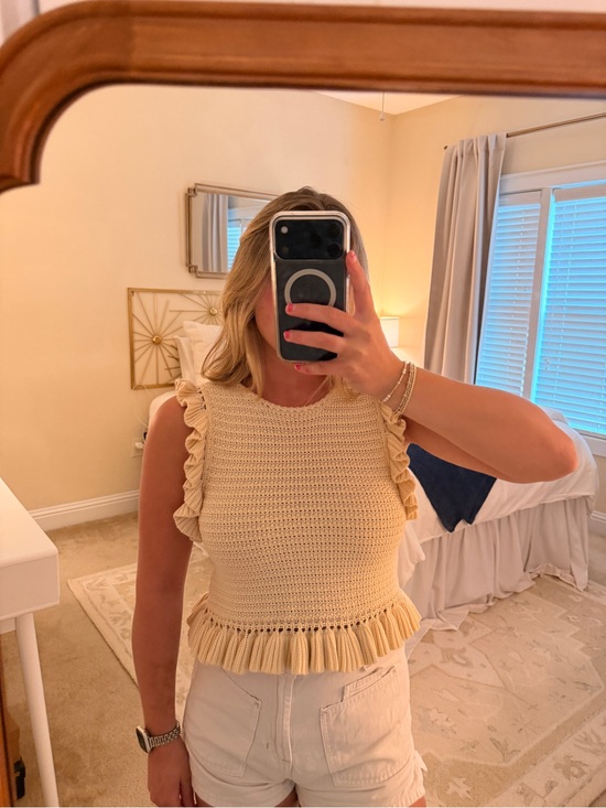 MABLE Tops - Sleeveless Cream Ruffle-Trim Crochet Top